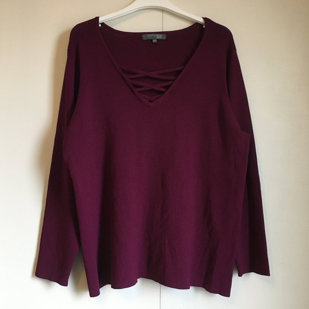 Garnet Red Cross Tie V-Neck Rayon Blend Knit Sweater Top - 2XP
